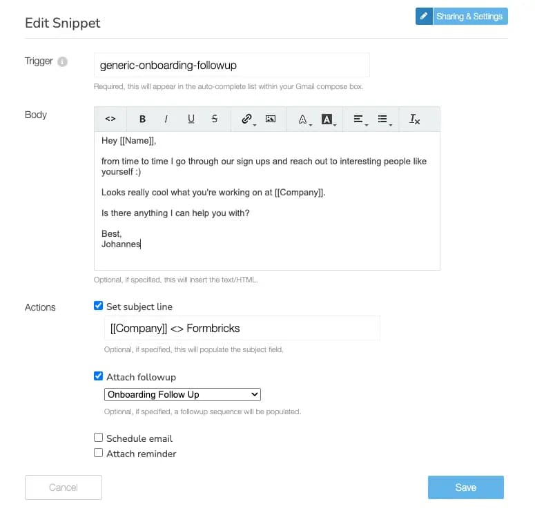 setting up vocus snippets