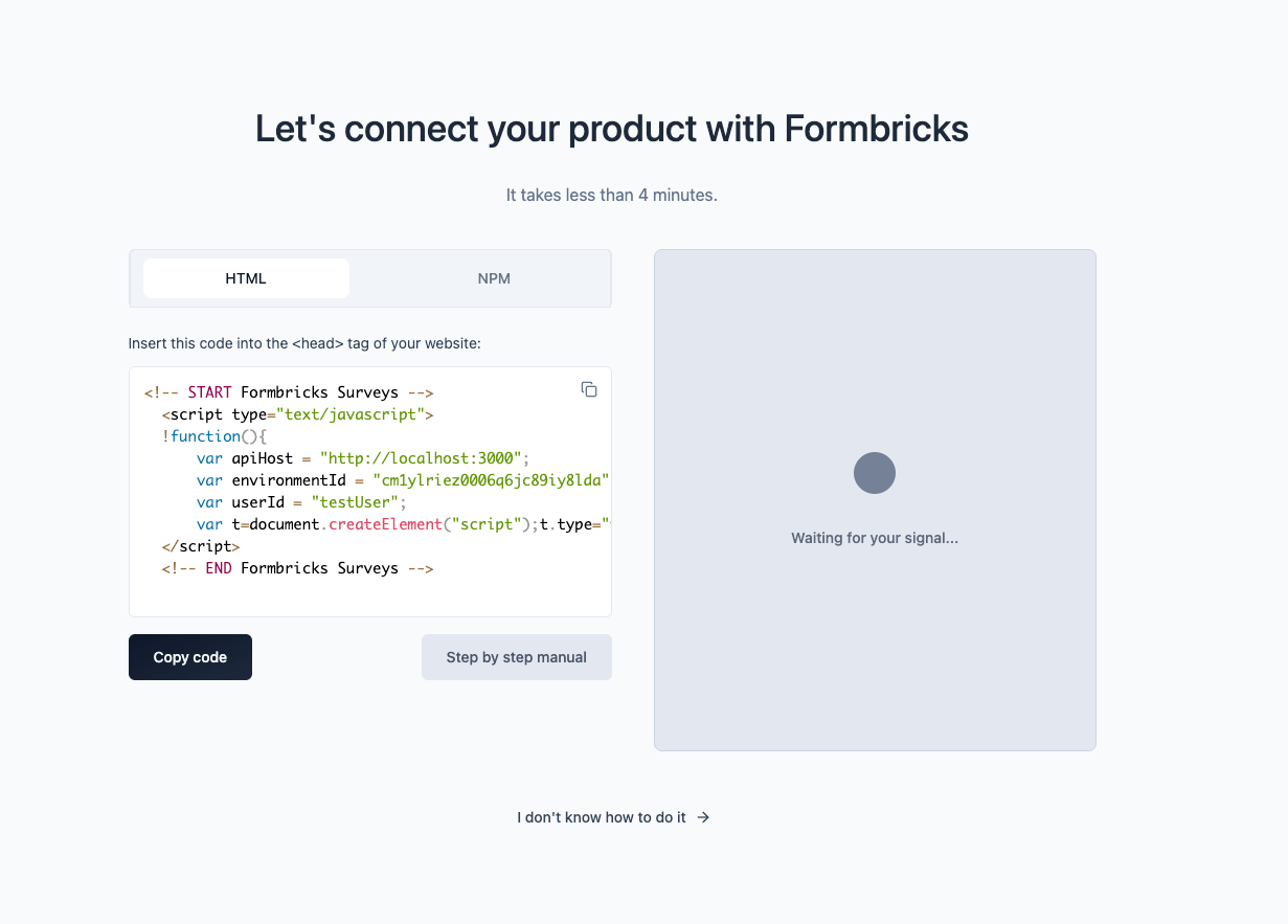 Code snippet for connecting app with Formbricks